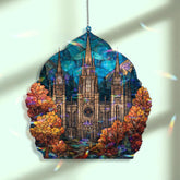 Cathedral Acrylic Suncatcher, Stained Glass Style Gothic Church Window Panel with Autumn Trees and Blue Sky, Religious Home Decor Gift